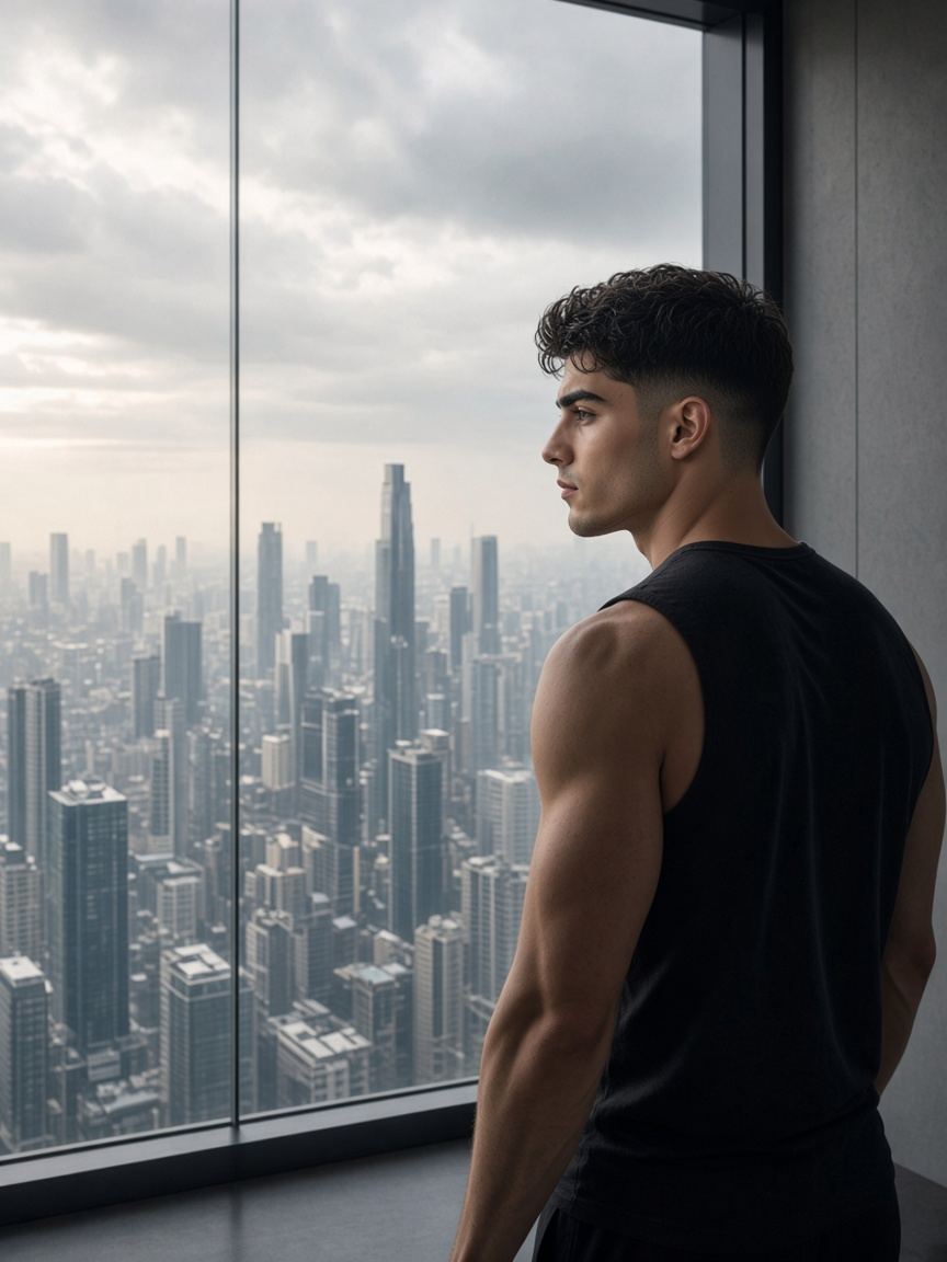 Sebas at the window before training, city beyond the glass